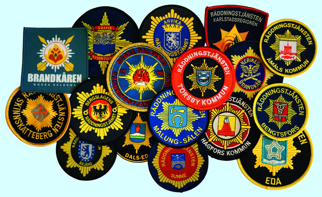 En kollagesamling med tygpatchar med RRB:s alla räddningstjänster.