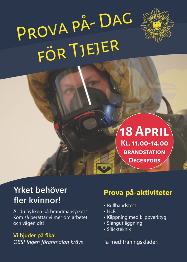 Poster för Prova på-dag för tjejer med en rökdykare i mask samt informationstext om eventet.